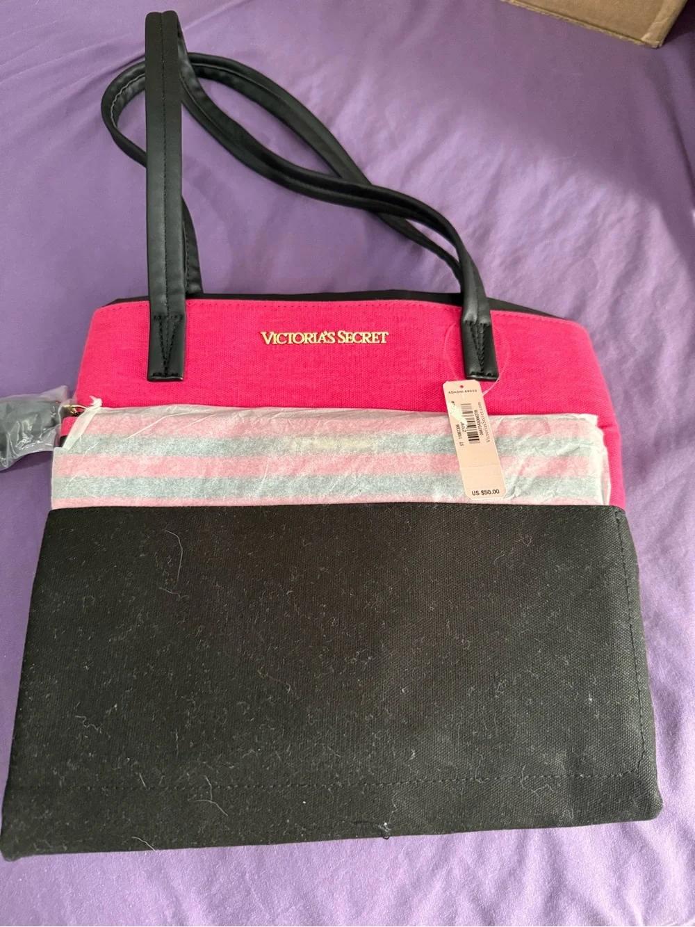 Victoria's Secret Hot Pink and Black Tote with Striped Accent